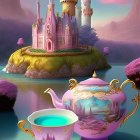 Whimsical pink castle on floating island with elegant teapot and cup set