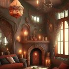 Warmly lit living room with fireplace, leather seating, wooden beams, rustic decor.