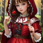 Young girl in red hooded cloak with embroidered details holding red flower in forest.