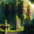 Ethereal ancient temple in lush green forest