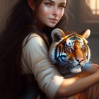 Woman with dark hair embracing tiger surrounded by fireflies and butterfly