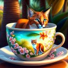 Orange Tabby Cat in Floral Teacup with Palm Trees and Sunset Background