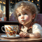 Blue-eyed toddler with curly hair near ornate teacup in soft light.