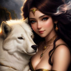 Dark-Haired Woman with Fluffy Dog and Gold Jewelry in Softly Illuminated Setting