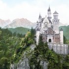 Majestic white castle on cliff with towers and lush scenery