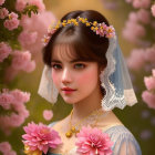 Bride in floral crown and veil surrounded by pink blossoms against blurred natural backdrop