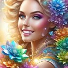 Colorful portrait of a smiling woman with blue eyes, surrounded by flowers and butterflies