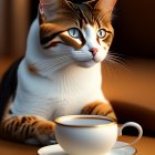 Brown and White Cat with Coffee Cup on Wooden Surface