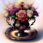 Colorful Roses and Purple Flowers in Classical Vase on Soft-lit Background