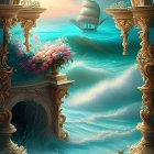 Golden Arch Frame Revealing Fantasy Seascape with Sailing Ship