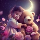 Illustration of girl hugging corgi in moonlit flower garden