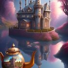 Fairytale castle, magical teapot, and serene landscape in whimsical image