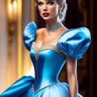 Elegant woman in blue gown with puffed sleeves and tiara in luxurious room