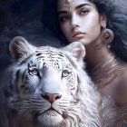 Ethereal woman and majestic white tiger adorned with gold ornaments