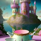 Whimsical pink castle on floating teapot island with teacups and saucers