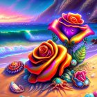 Colorful Roses Against Surreal Beach Sunset Backdrop