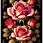 Detailed illustration of red roses and celestial motifs on black background