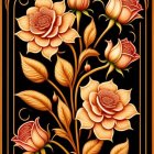 Detailed Peach Floral Illustration with Golden Leaves on Black Background