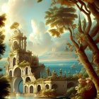 Fantasy landscape with waterfall, castle, fruit, and mountains