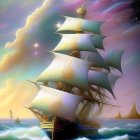 Tall ship with full sails on turbulent seas under vibrant starry sky