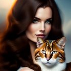 Woman with Brown Hair Holding Orange Tabby Cat under Cloudy Sky