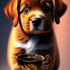 Brown and black puppy digital illustration with big eyes holding a cookie.