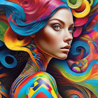 Colorful digital portrait of a woman with blue skin and rainbow hair.