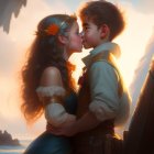 Illustrated couple in romantic embrace at sunset.