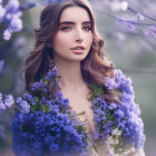 Woman with Long Wavy Hair, Purple Flowers, White Dress, and Bouquet