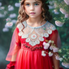 Young girl in red dress with lace collar and floral headband by pine tree