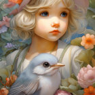 Digital Art: Young Girl with Curly Blond Hair and Pink Hat Holding Blue Bird in Floral Setting