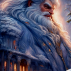 Fantasy figure with blue hair and beard in snowy mystical scene.