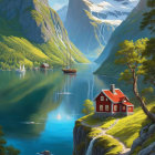 Tranquil lakescape with cabin, sailboats, waterfall, and mountains.