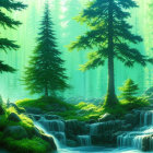 Serene forest scene with sunlight, moss-covered rocks, trees, and stream