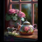 Floral Tea Set with Blooming Bouquet by Sunlit Window