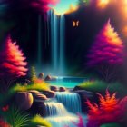 Tranquil fantasy landscape with waterfall, colorful trees, stream, flowers, and distant castle