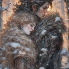 Women embracing in snowy forest wearing fur garments