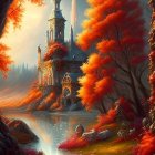 Fantasy castle in vibrant autumn landscape