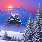 Snowy Sunset Landscape: Snow-Covered Trees & Majestic Mountains