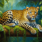 Majestic jaguar resting on lush forest tree branch