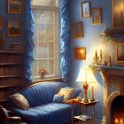 Vintage Living Room in Blue Tones with Plush Sofa & Ornate Fireplace