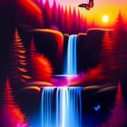 Colorful digital artwork: Cascading waterfall in purple and pink forest at sunset with flying butterflies.