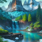 Serene fantasy landscape with blue lake, waterfalls, greenery, and snow-capped mountains