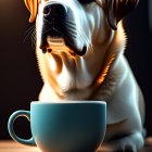 Brown and White Dog with Teal Coffee Cup in Sunlight