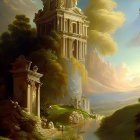 Fantasy landscape with ancient golden tower, lush greenery, waterfalls, serene river