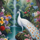 Colorful White Peacock Painting Among Flowers and Waterfall