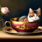 Tabby Cat in Golden Teacup Next to Pale Rose Vase