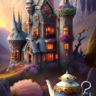 Fantastical castle with blue towers and pink floral details emerging from teapot against mountainous backdrop