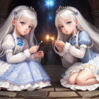 Young girls in princess costumes with tiaras and blue dresses in magical starry setting