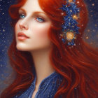 Digital art portrait of woman with long wavy red hair and blue eyes adorned with starry flowers on